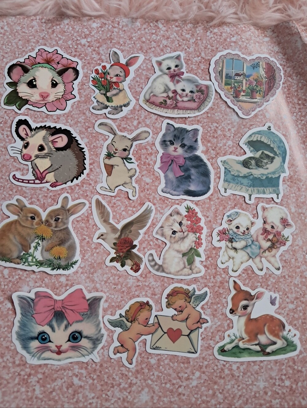 Vintage Kitty Bunny Lamb & Opossum 15 Sticker Set - Floral Gothic Retro Set